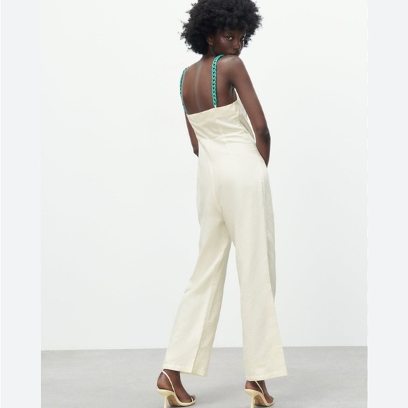 NWT Zara Linen Blend Jumpsuit with Chain Straps M Oyster White - Picture 2 of 15